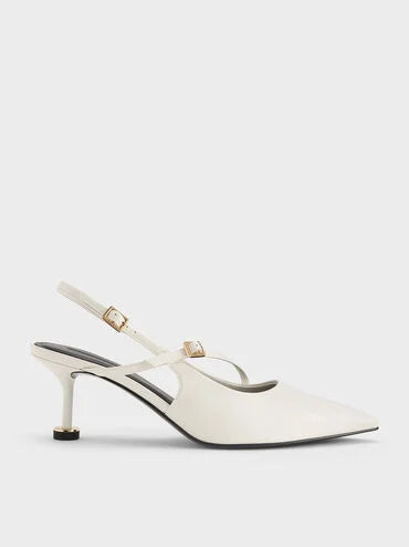 Wynn Buckled Sculptural-Heel Slingback Pumps_White