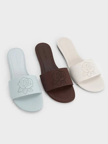 Perforated-Rose Motif Slide Sandals_Chalk