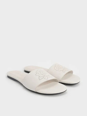 Perforated-Rose Motif Slide Sandals_Chalk