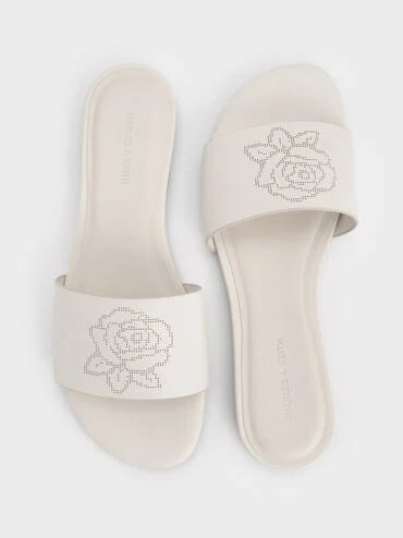Perforated-Rose Motif Slide Sandals_Chalk