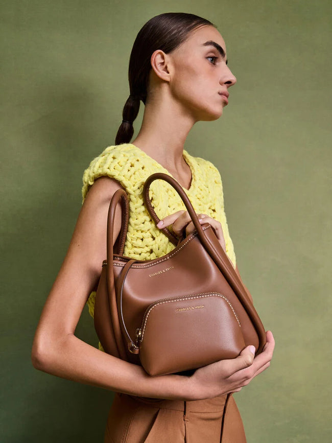 CHARLES & KEITH Women Mini Lyla Tubular Tote Bag - Chocolate -Chocolate