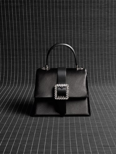 Satin Crystal-Buckle Belted Top Handle Bag_Noir