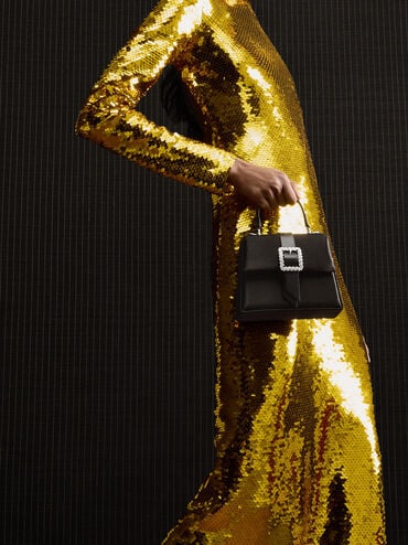 Satin Crystal-Buckle Belted Top Handle Bag_Noir
