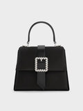 Satin Crystal-Buckle Belted Top Handle Bag_Noir