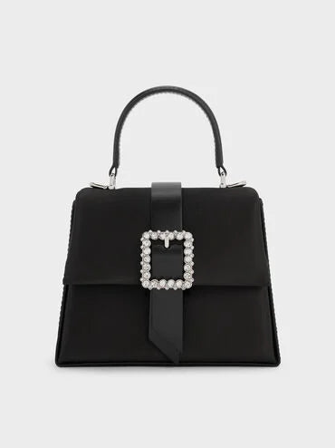 Satin Crystal-Buckle Belted Top Handle Bag_Noir