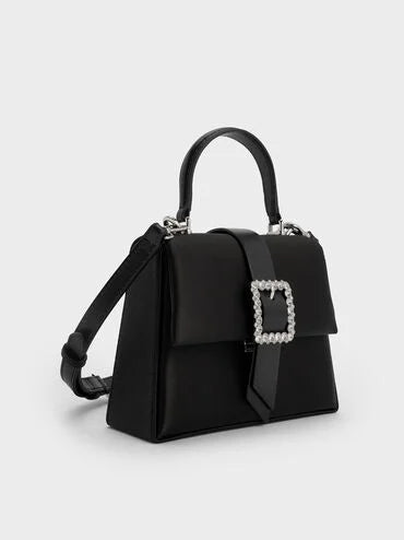 Satin Crystal-Buckle Belted Top Handle Bag_Noir
