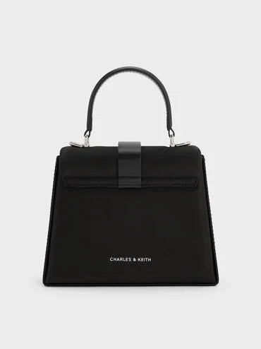 Satin Crystal-Buckle Belted Top Handle Bag_Noir