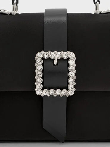 Satin Crystal-Buckle Belted Top Handle Bag_Noir