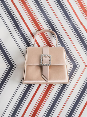Satin Crystal-Buckle Belted Top Handle Bag_Sunset Nude