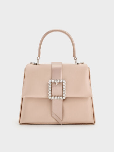 Satin Crystal-Buckle Belted Top Handle Bag_Sunset Nude