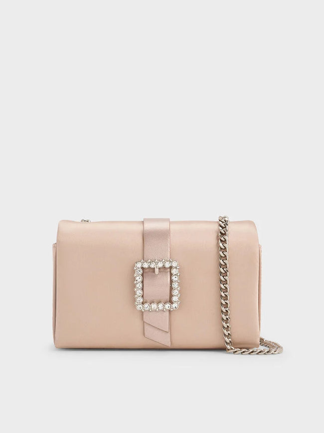Satin Crystal-Buckle Belted Chain-Handle Bag_Sunset Nude