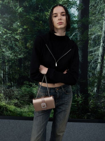 Satin Crystal-Buckle Belted Chain-Handle Bag_Sunset Nude