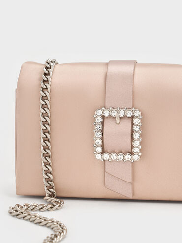 Satin Crystal-Buckle Belted Chain-Handle Bag_Sunset Nude