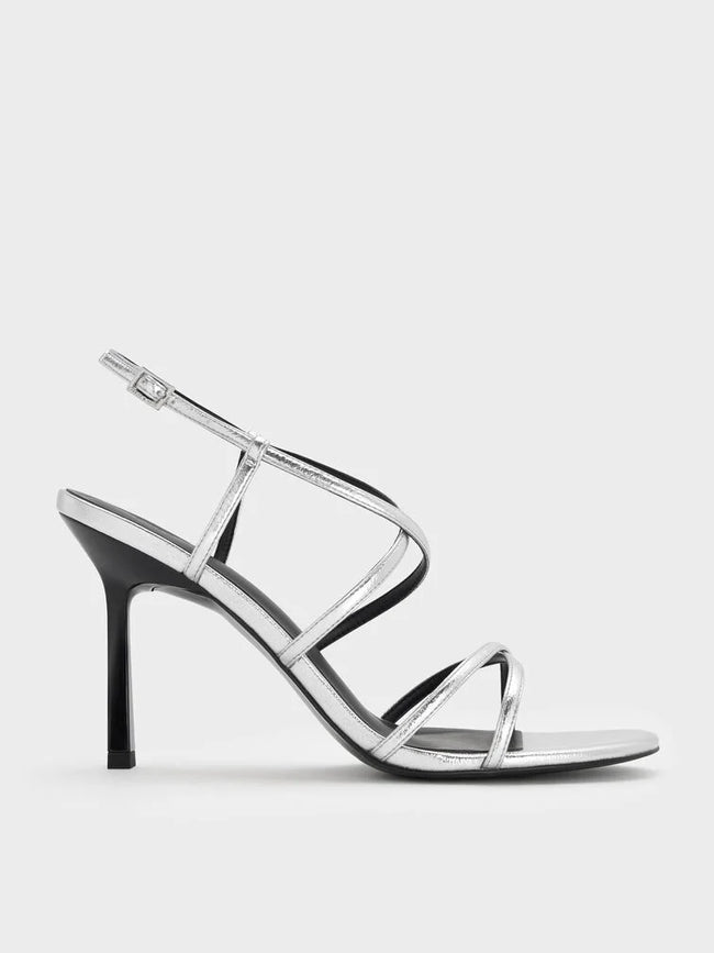 Strappy Crossover Trapeze-Heel Sandals_Silver