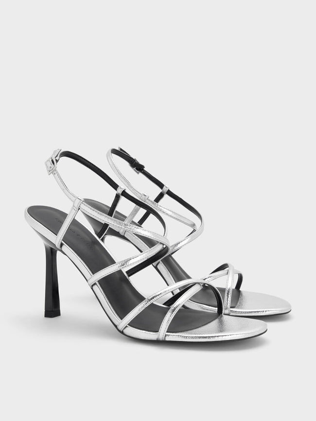 Strappy Crossover Trapeze-Heel Sandals_Silver