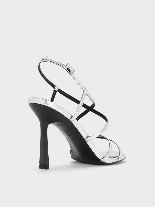 Strappy Crossover Trapeze-Heel Sandals_Silver