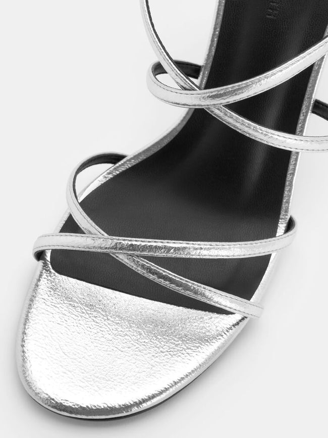 Strappy Crossover Trapeze-Heel Sandals_Silver