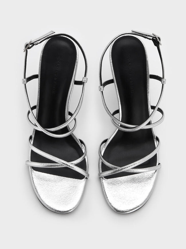 Strappy Crossover Trapeze-Heel Sandals_Silver