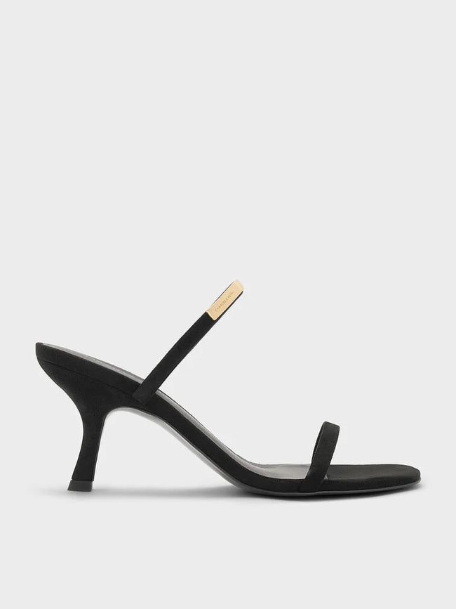 Faux Suede Metallic-Accent Double-Strap Heeled Sandals_Black Textured