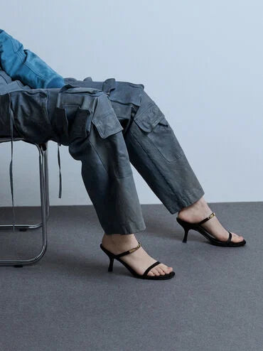 Faux Suede Metallic-Accent Double-Strap Heeled Sandals_Black Textured