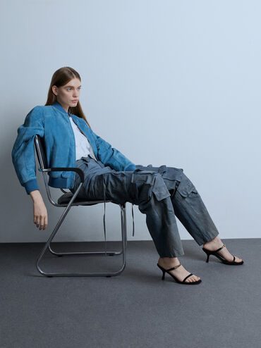 Faux Suede Metallic-Accent Double-Strap Heeled Sandals_Black Textured