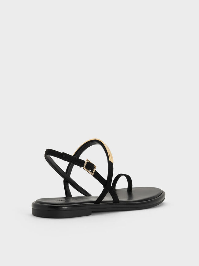 Faux Suede Metallic-Accent Toe-Ring Slingback Sandals_Black Textured