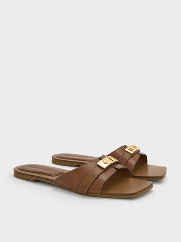 Lando Metallic-Accent Belted Slide Sandals_Cognac