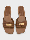 Lando Metallic-Accent Belted Slide Sandals_Cognac