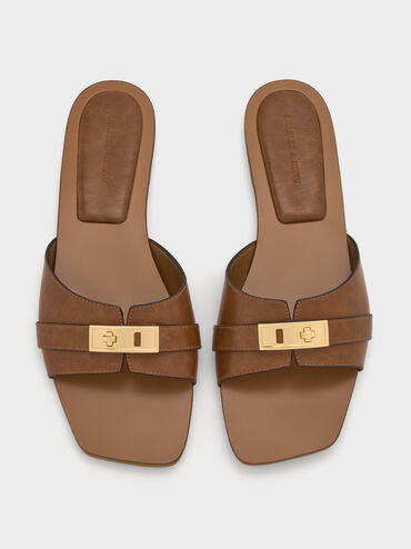 Lando Metallic-Accent Belted Slide Sandals_Cognac