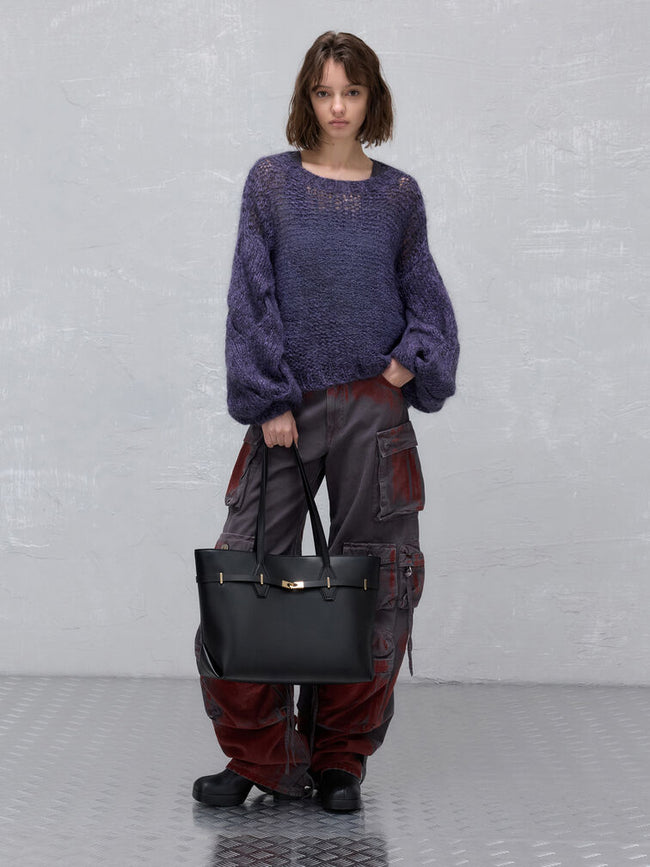 Arlet Double-Handle Belted Tote Bag_Black