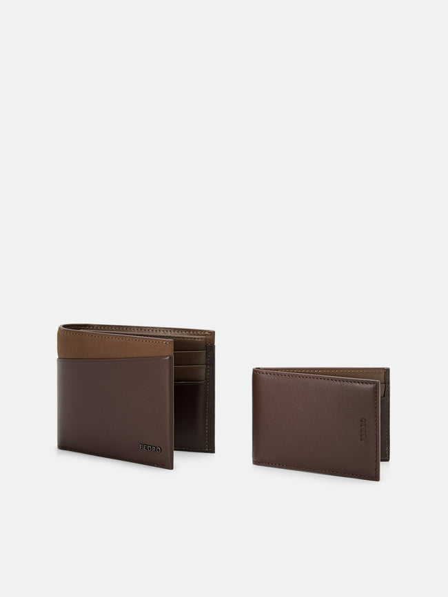 PEDRO Nubuck Leather Bi-Fold Wallet with Insert- Dark Brown