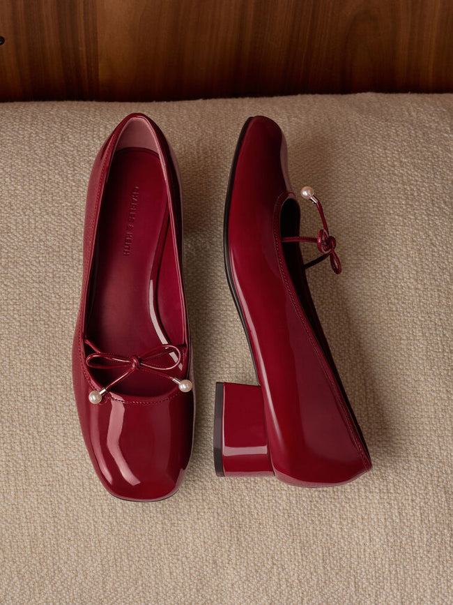 CHARLES & KEITH Women Barbara Patent Pearl-Bow Ballet Pumps -Red