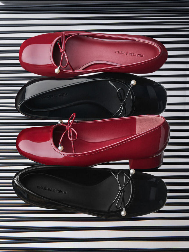 CHARLES & KEITH Women Barbara Patent Pearl-Bow Ballet Pumps -Red