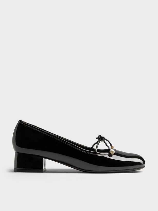 CHARLES & KEITH Women Barbara Patent Pearl-Bow Ballet Pumps -Black Patent