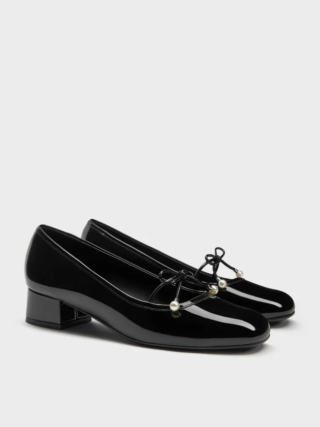 CHARLES & KEITH Women Barbara Patent Pearl-Bow Ballet Pumps -Black Patent