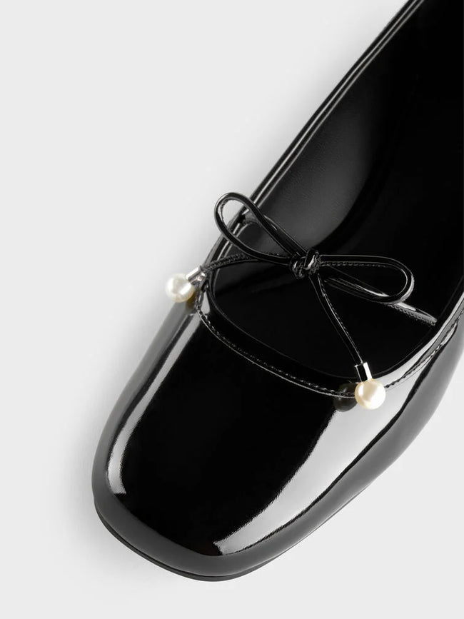 CHARLES & KEITH Women Barbara Patent Pearl-Bow Ballet Pumps -Black Patent