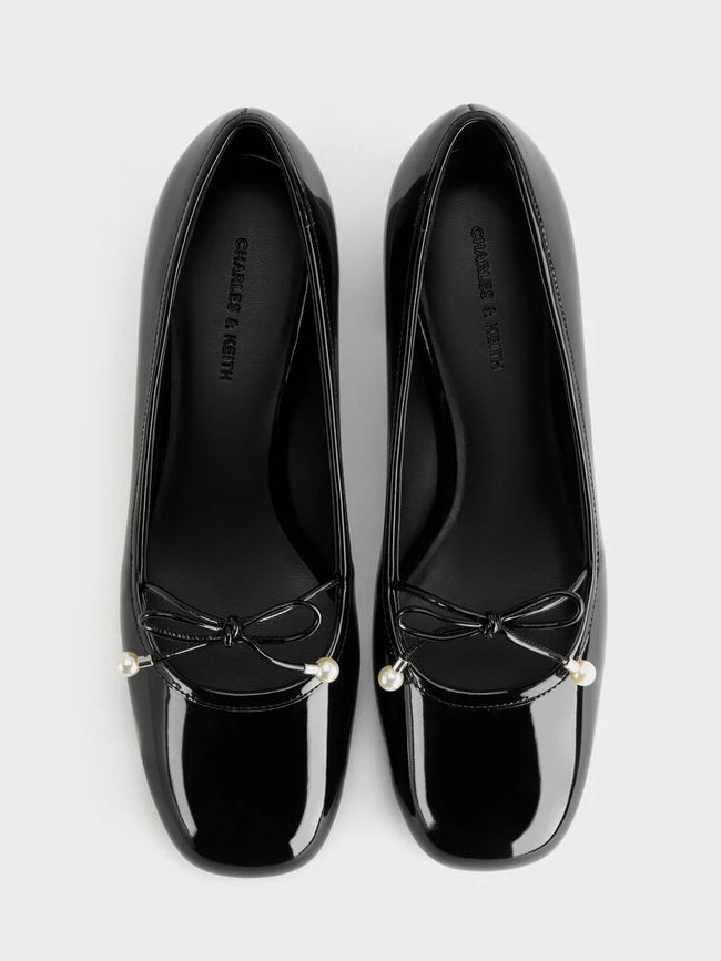 CHARLES & KEITH Women Barbara Patent Pearl-Bow Ballet Pumps -Black Patent