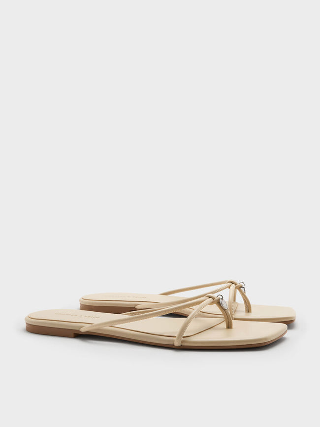 Metallic-Charm Strappy Thong Sandals_Beige