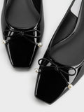 CHARLES & KEITH Women Barbara Patent Pearl-Bow Slingback Flats_Black Patent
