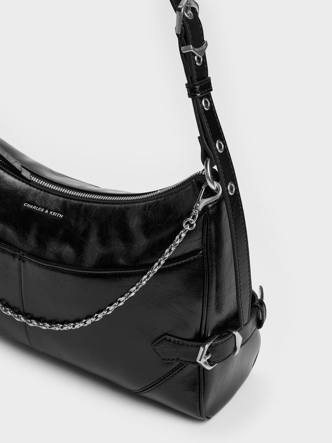 CHARLES & KEITH Women Antonella Chain-Strap Side-Buckle Shoulder Bag_Noir