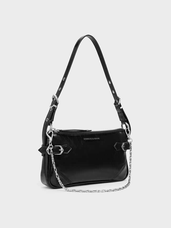CHARLES & KEITH Women Antonella Chain-Strap Side-Buckle Crossbody Bag_Noir