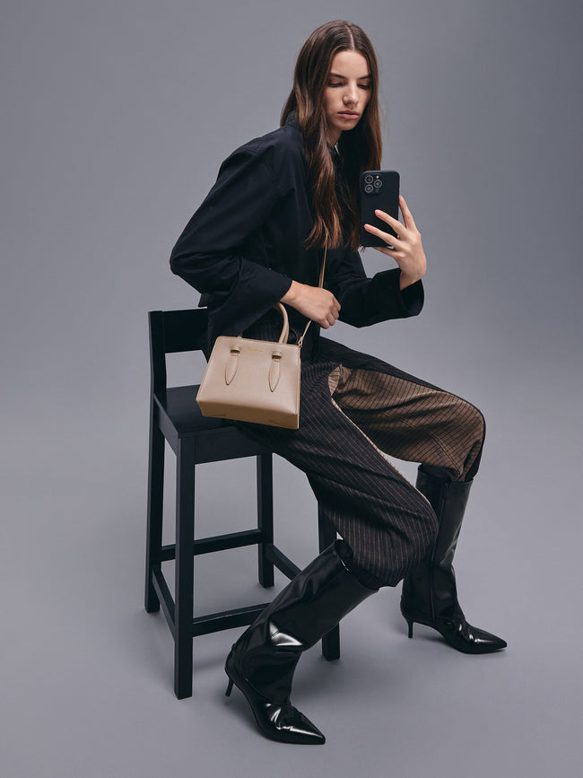 CHARLES & KEITH Women Allyn Structured Trapeze Tote Bag_Taupe