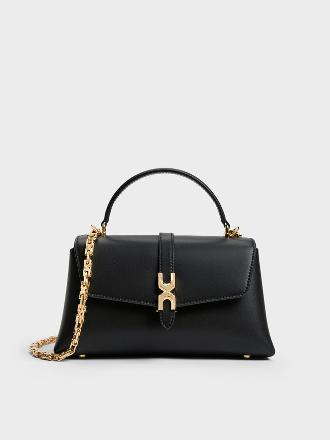 CHARLES & KEITH Women Adalyn Metallic-Buckle Chain-Strap Top Handle Bag_Black