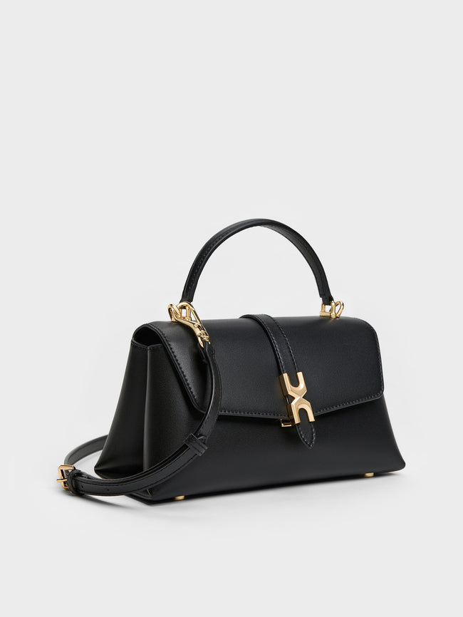 CHARLES & KEITH Women Adalyn Metallic-Buckle Chain-Strap Top Handle Bag_Black