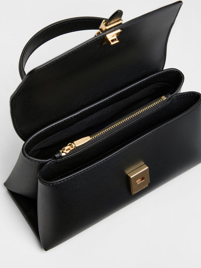 CHARLES & KEITH Women Adalyn Metallic-Buckle Chain-Strap Top Handle Bag_Black