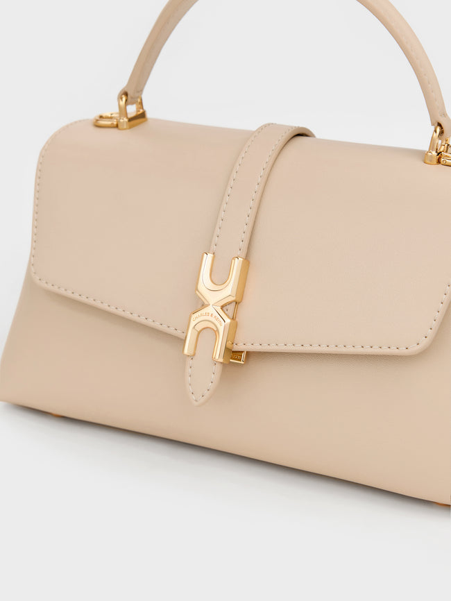 CHARLES & KEITH Women Adalyn Metallic-Buckle Chain-Strap Top Handle Bag_Dusted Oat