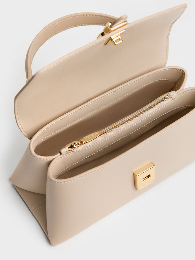 CHARLES & KEITH Women Adalyn Metallic-Buckle Chain-Strap Top Handle Bag_Dusted Oat