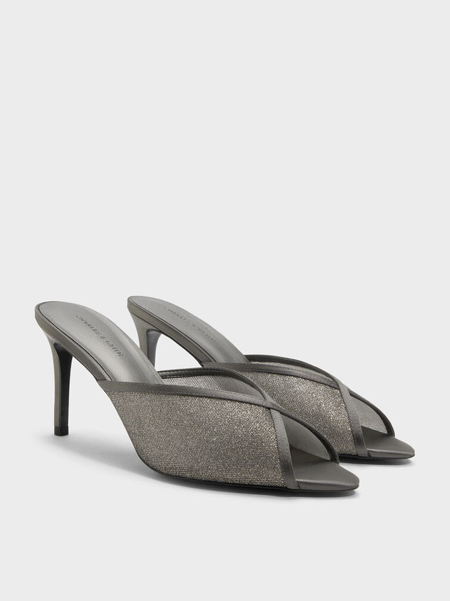 CHARLES & KEITH Women Glittered Mesh Peep-Toe Heeled Mules -Grey