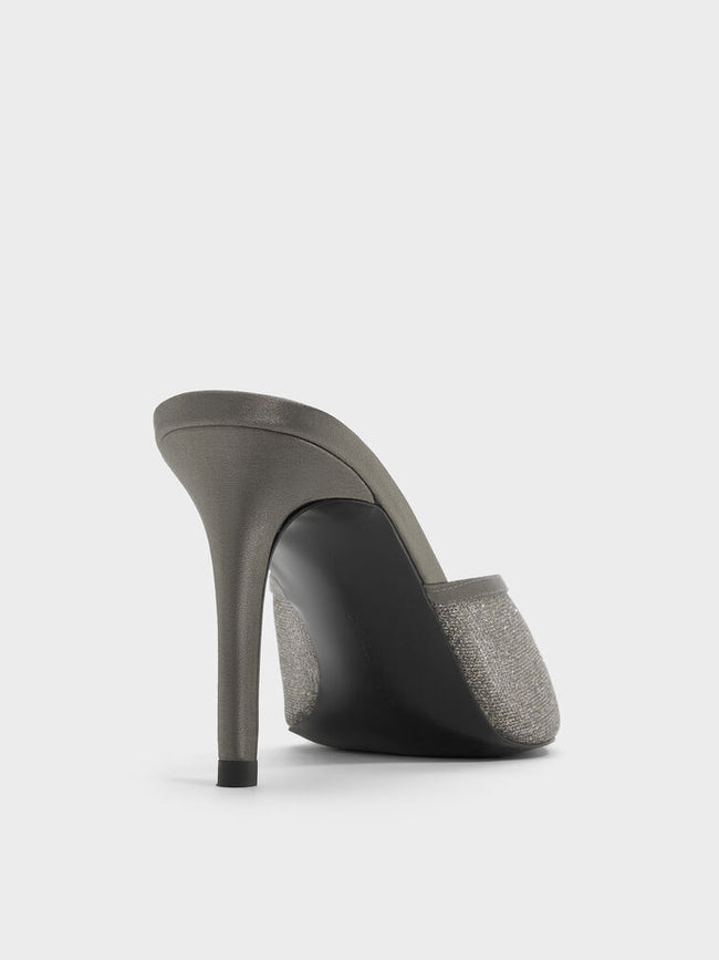 CHARLES & KEITH Women Glittered Mesh Peep-Toe Heeled Mules -Grey