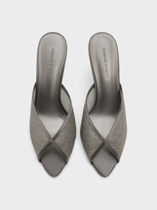 CHARLES & KEITH Women Glittered Mesh Peep-Toe Heeled Mules -Grey